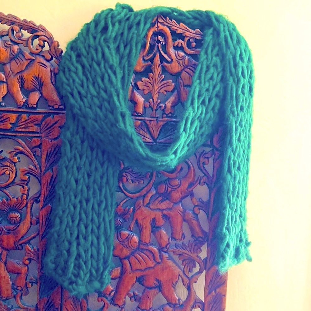 Hunter green knit scarf. 79 inches long, 5 inches wide.